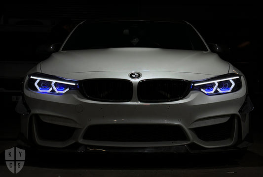 BMW F80 M3 with custom headlights consisting of BavGruppe Design and KYCS components