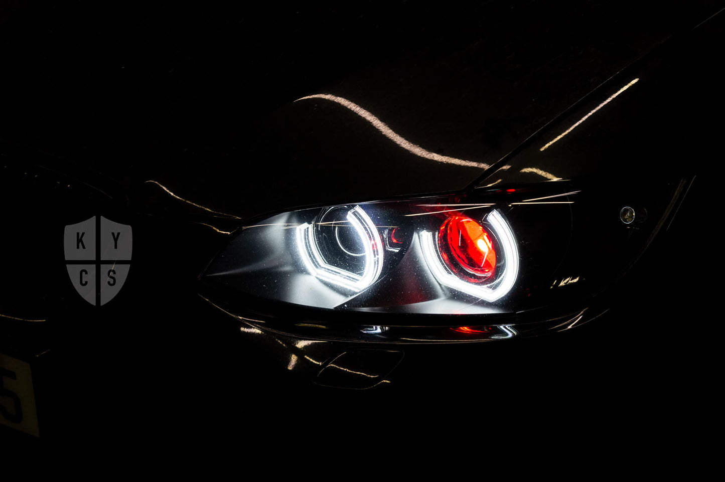 KYCS Gxx Angel Eyes (White) • Classic Blackout • Red Outer Demon Eye • LED Indicator  • Indicator Lenses Removed