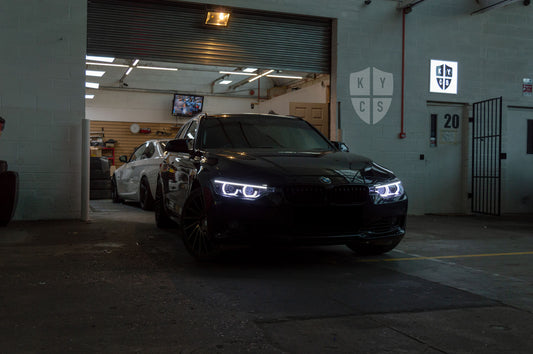 Select the following options to get the same headlights pictured above: BavGruppe Design 3/4 DTM Angel Eyes (White) | Modern Blackout Paintwork | Bi-LED 2.5" Projector With LED Bulb | High Beam LED Unit (Array Style) | LED Eyebrow Strip (Switchback) | New Lenses | LED Indicators