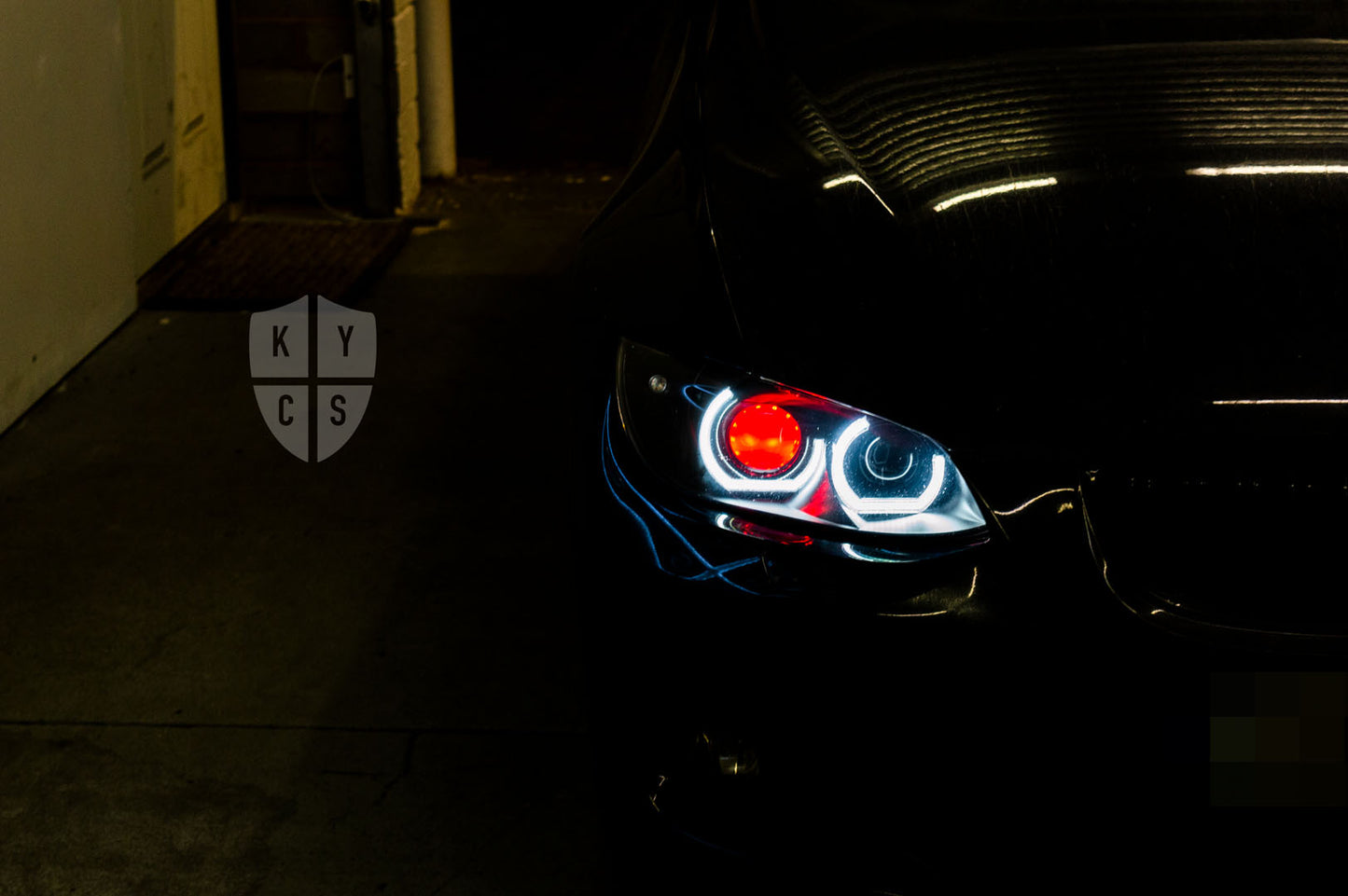 KYCS Gxx Angel Eyes (White) • Classic Blackout • Red Outer Demon Eye • LED Indicator  • Indicator Lenses Removed